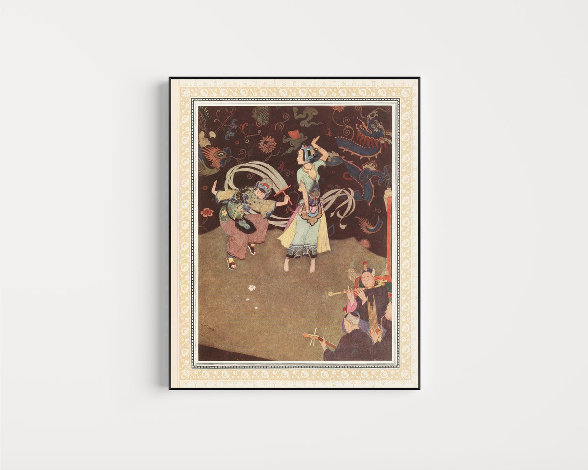 Framed art print of The Nuptial Dance of Aladdin and the Lady Bedr-el-Budur by Edmund Dulac, in a slim black frame on a plain white wall