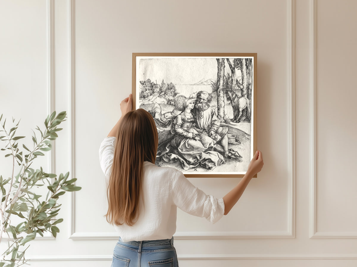 Framed art print of The Offer of Love (or the Ill-Assorted Couple) by Albrecht Dürer, hung on a panelled wall