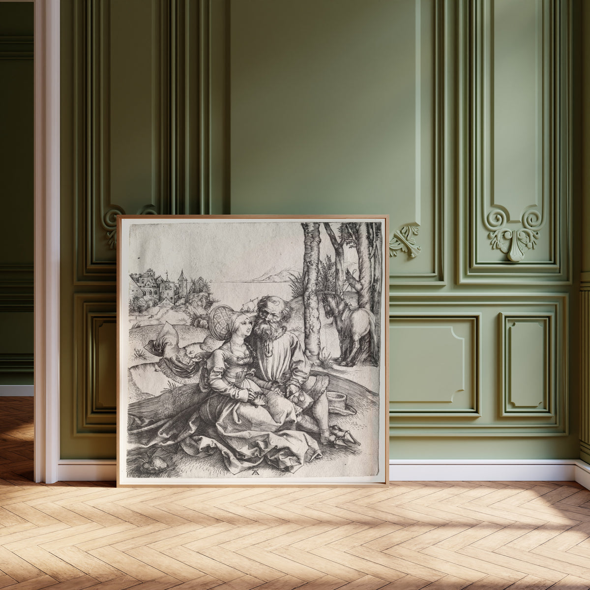 Framed art print of The Offer of Love (or the Ill-Assorted Couple) by Albrecht Dürer, leaning against olive-green panelling on a herringbone floor