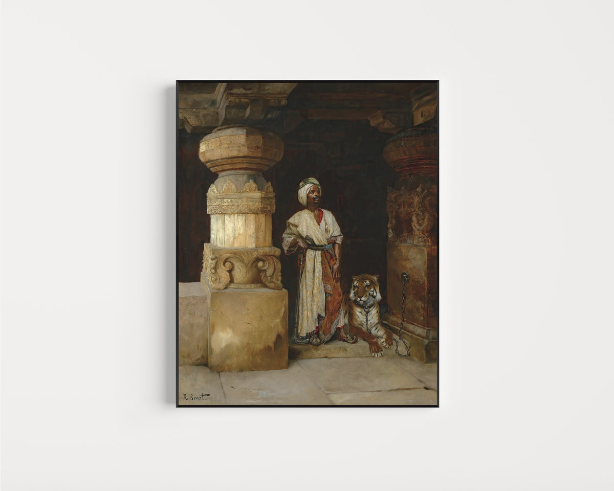 Framed art print of The Palace Guard (with tiger) by Rudolf Ernst, in a slim black frame on a plain white wall