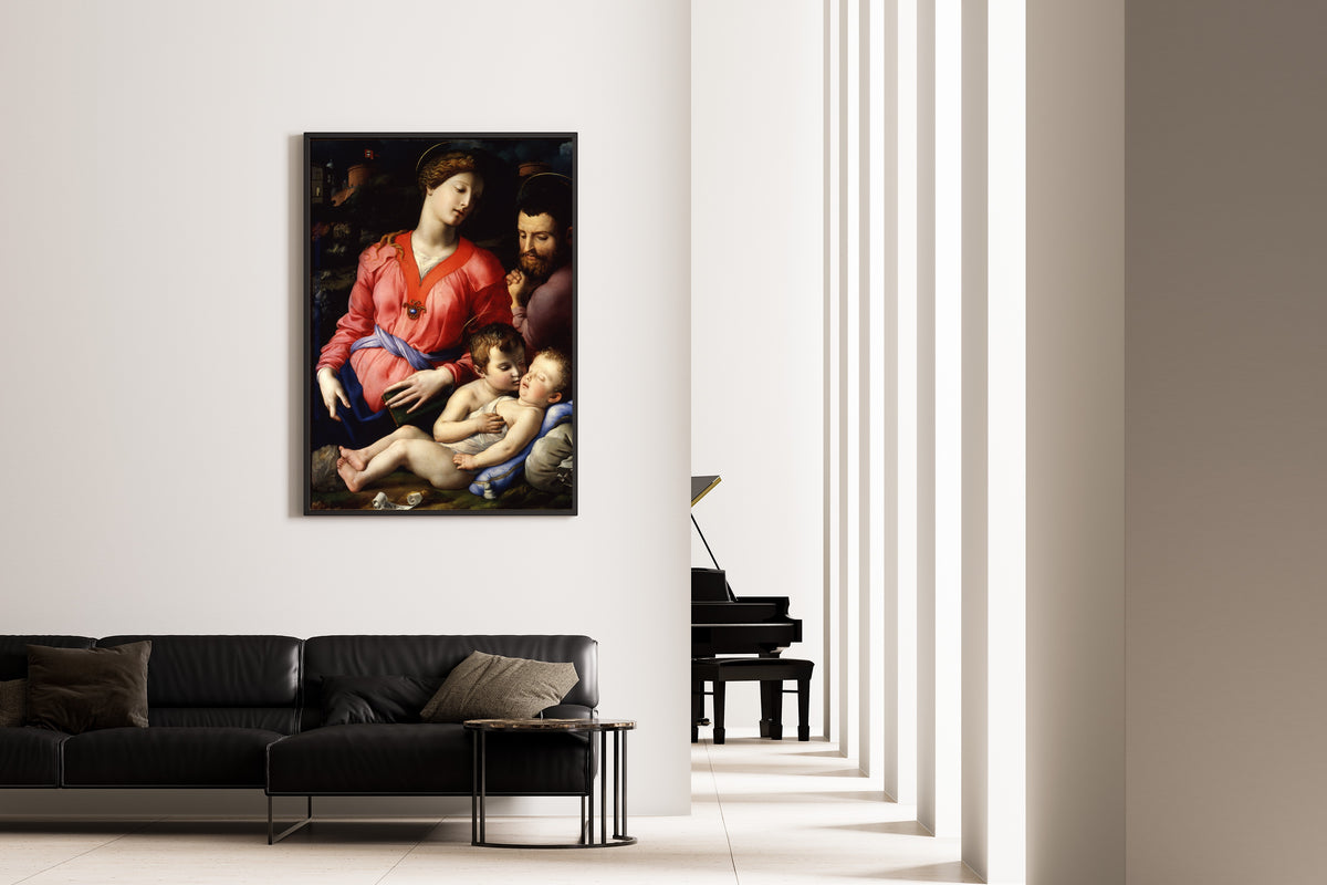 Framed art print of The Panciatichi Holy Family by Bronzino, on the wall of a minimal living room