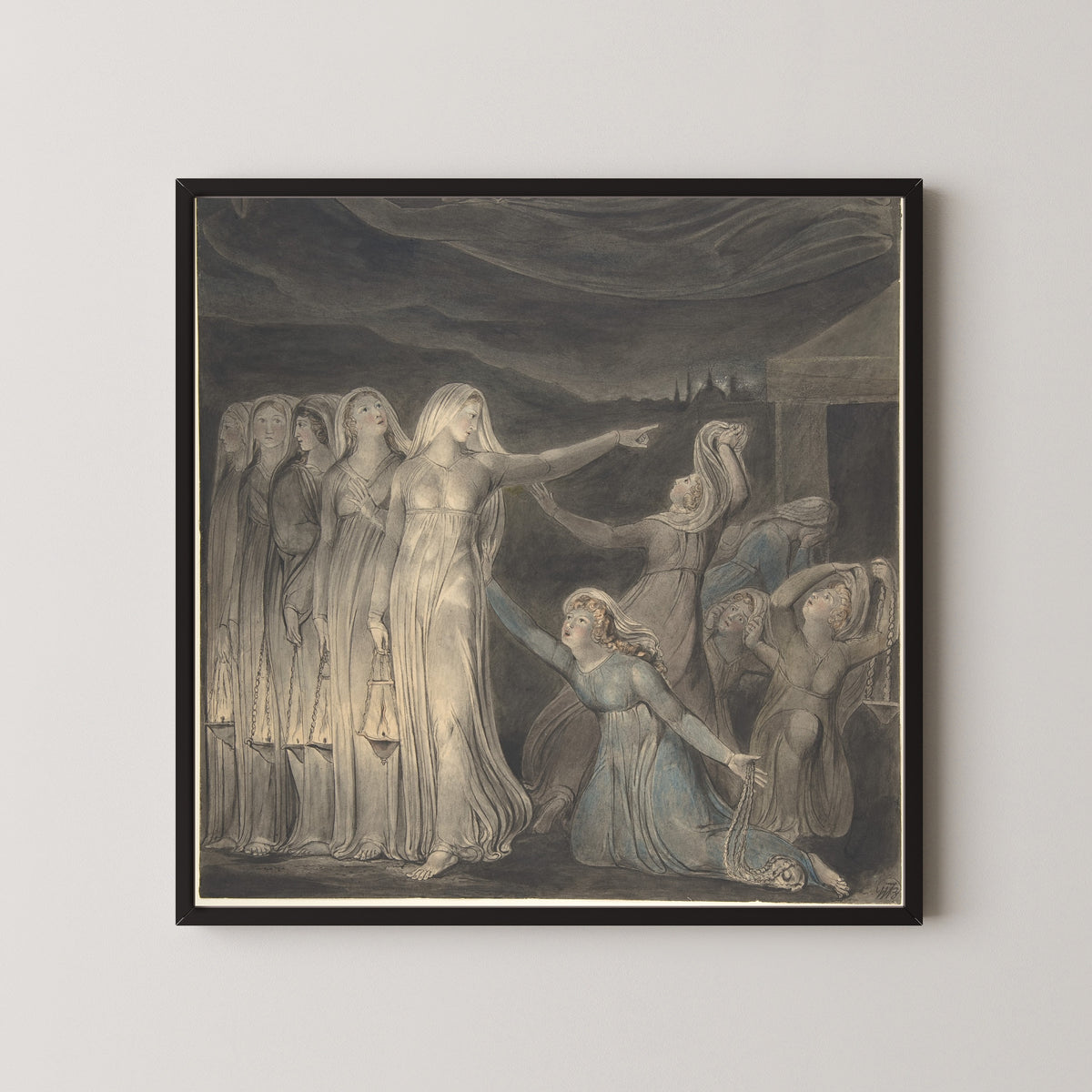 Framed art print of The Parable of the Wise and Foolish Virgins by William Blake, in a black frame on a pale wall