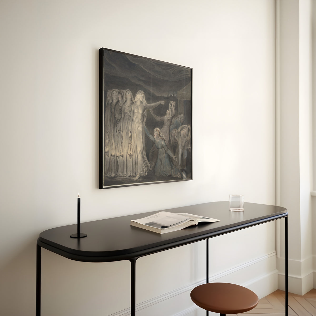 Framed art print of The Parable of the Wise and Foolish Virgins by William Blake, above a slim black console table