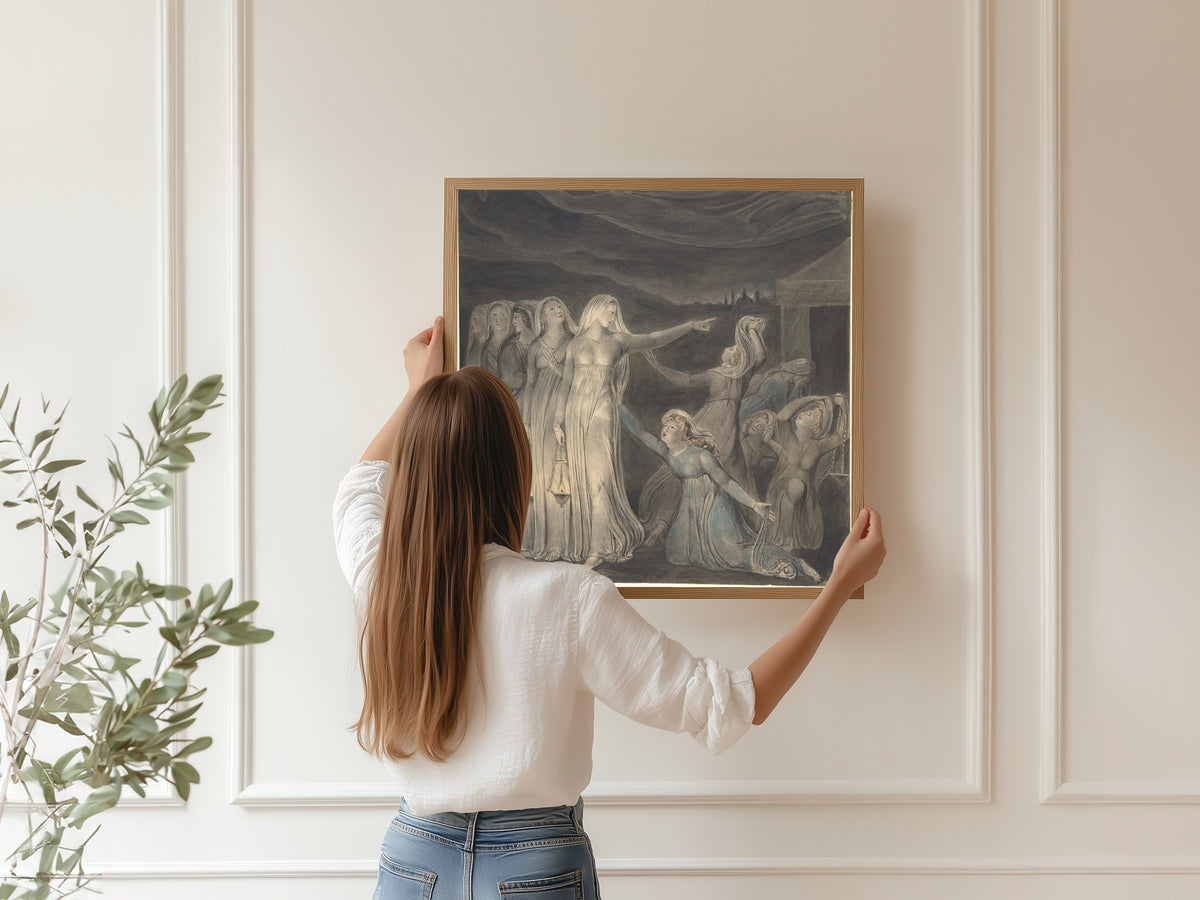Framed art print of The Parable of the Wise and Foolish Virgins by William Blake, hung on a panelled wall