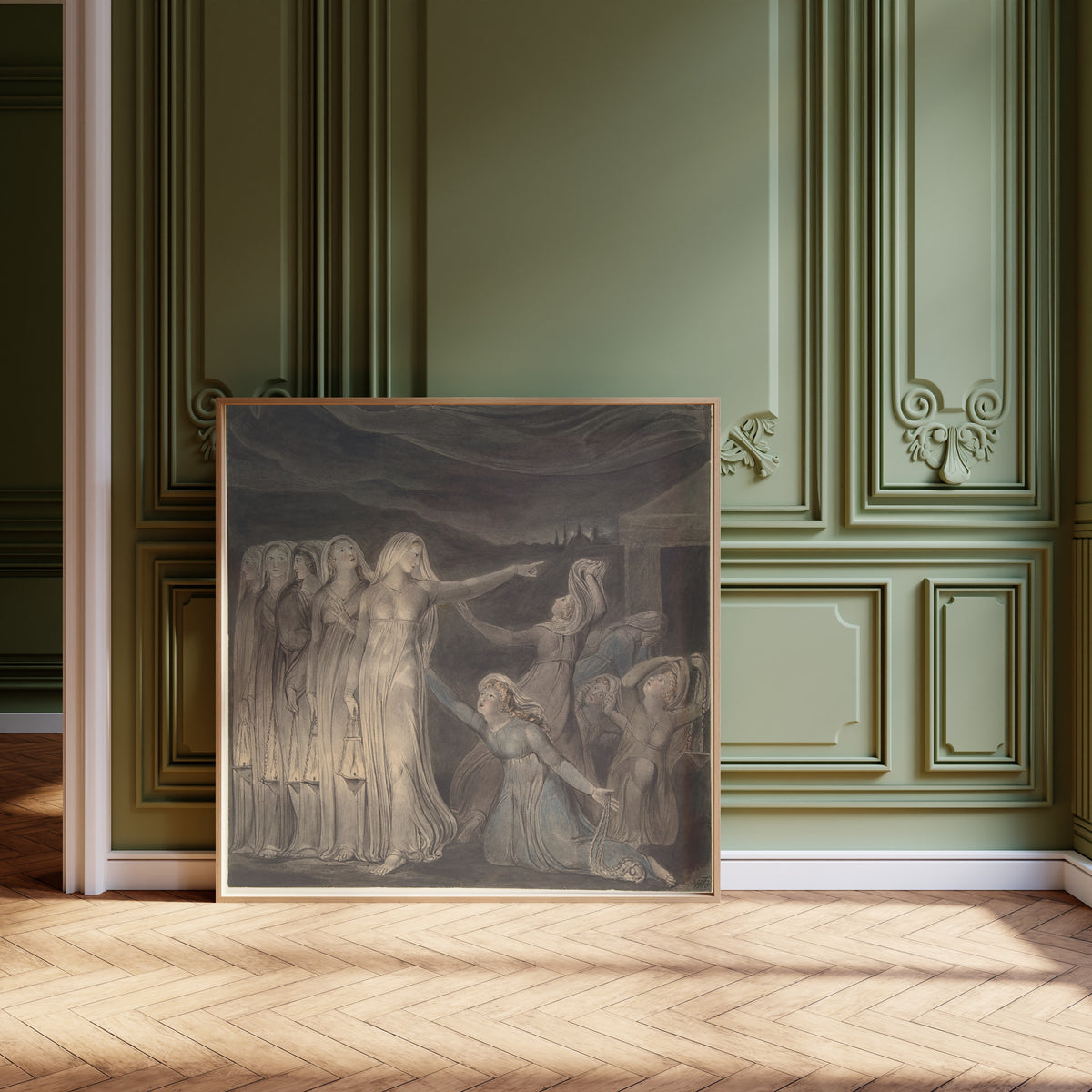 Framed art print of The Parable of the Wise and Foolish Virgins by William Blake, leaning against olive-green panelling on a herringbone floor