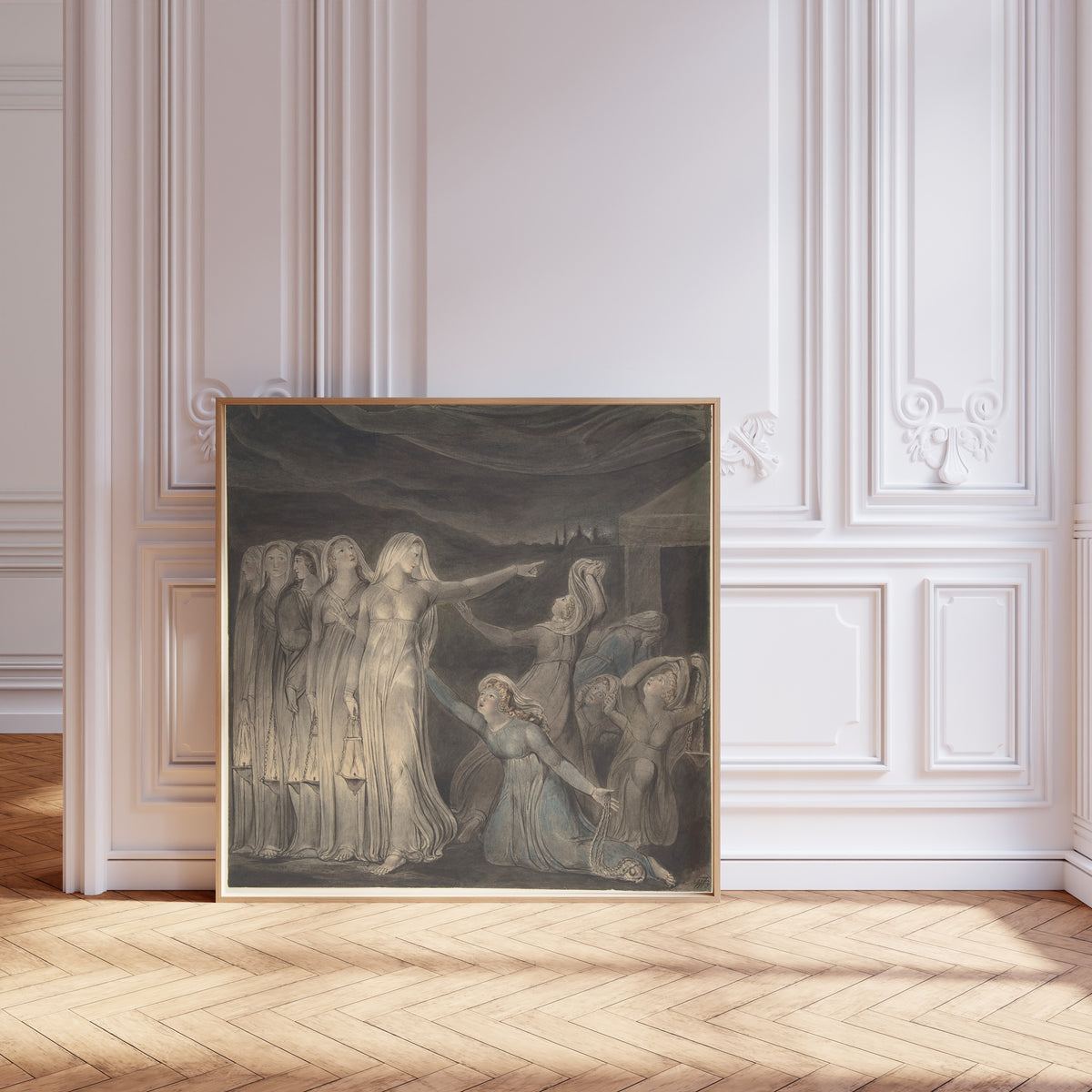 Framed art print of The Parable of the Wise and Foolish Virgins by William Blake, leaning against pale pink panelling on a herringbone floor