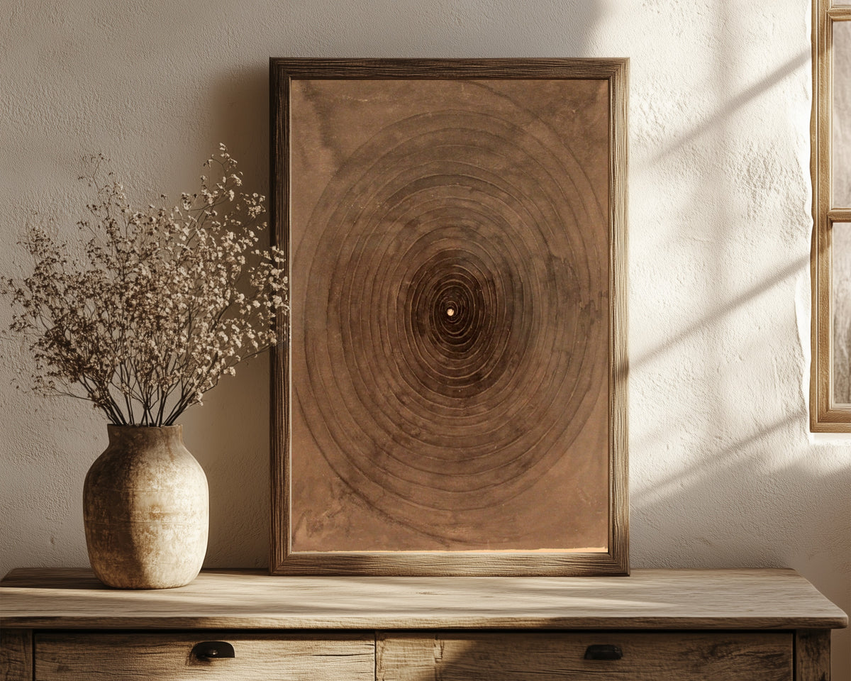 Framed art print of The Parsifal Series, No. 1 by Hilma af Klint, in a dark wood frame leaning on a rustic console beside dried flowers