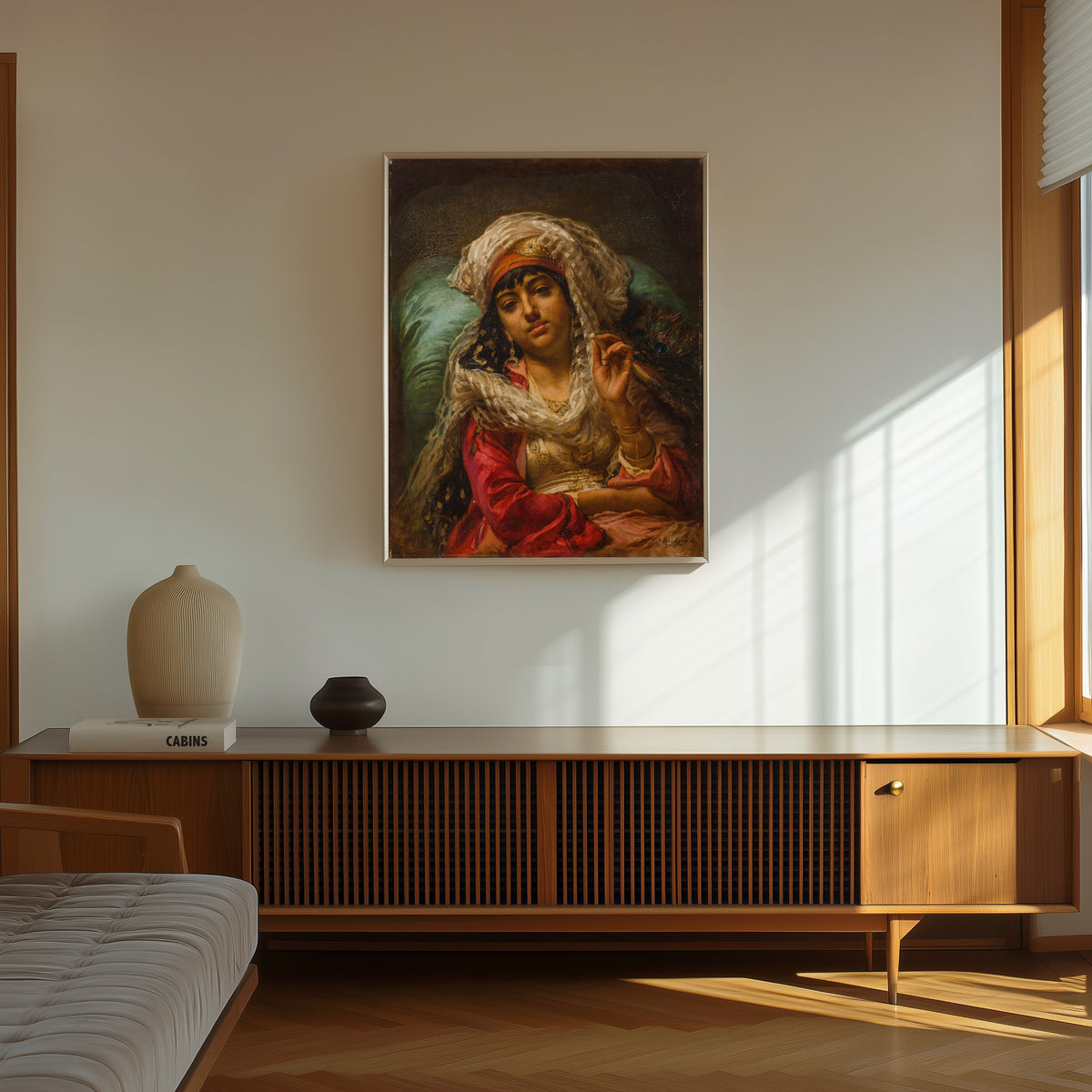 Framed art print of The Peacock Fan by Frederick Arthur Bridgman, in a thin light frame on a sunlit wall above a wooden sideboard