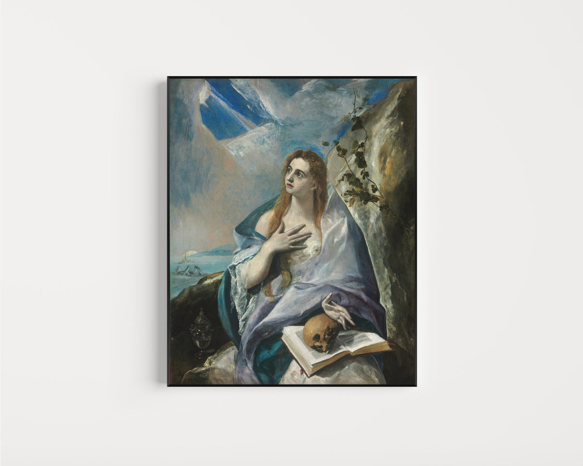 Framed art print of The Penitent Magdalene by El Greco, in a slim black frame on a plain white wall