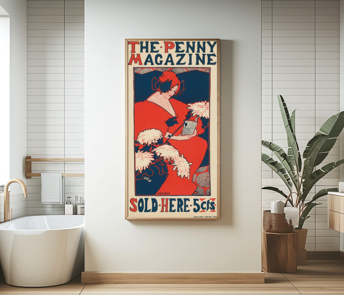 Framed art print of The Penny Magazine by Ethel Reed, in a bathroom beside a freestanding tub