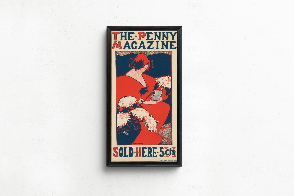 Framed art print of The Penny Magazine by Ethel Reed, in a slim black frame on a plain white wall