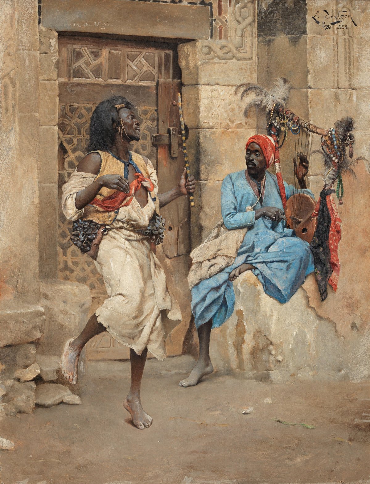The Performance by Ludwig Deutsch — A dancer in a white robe steps out to a lyre player by a carved door