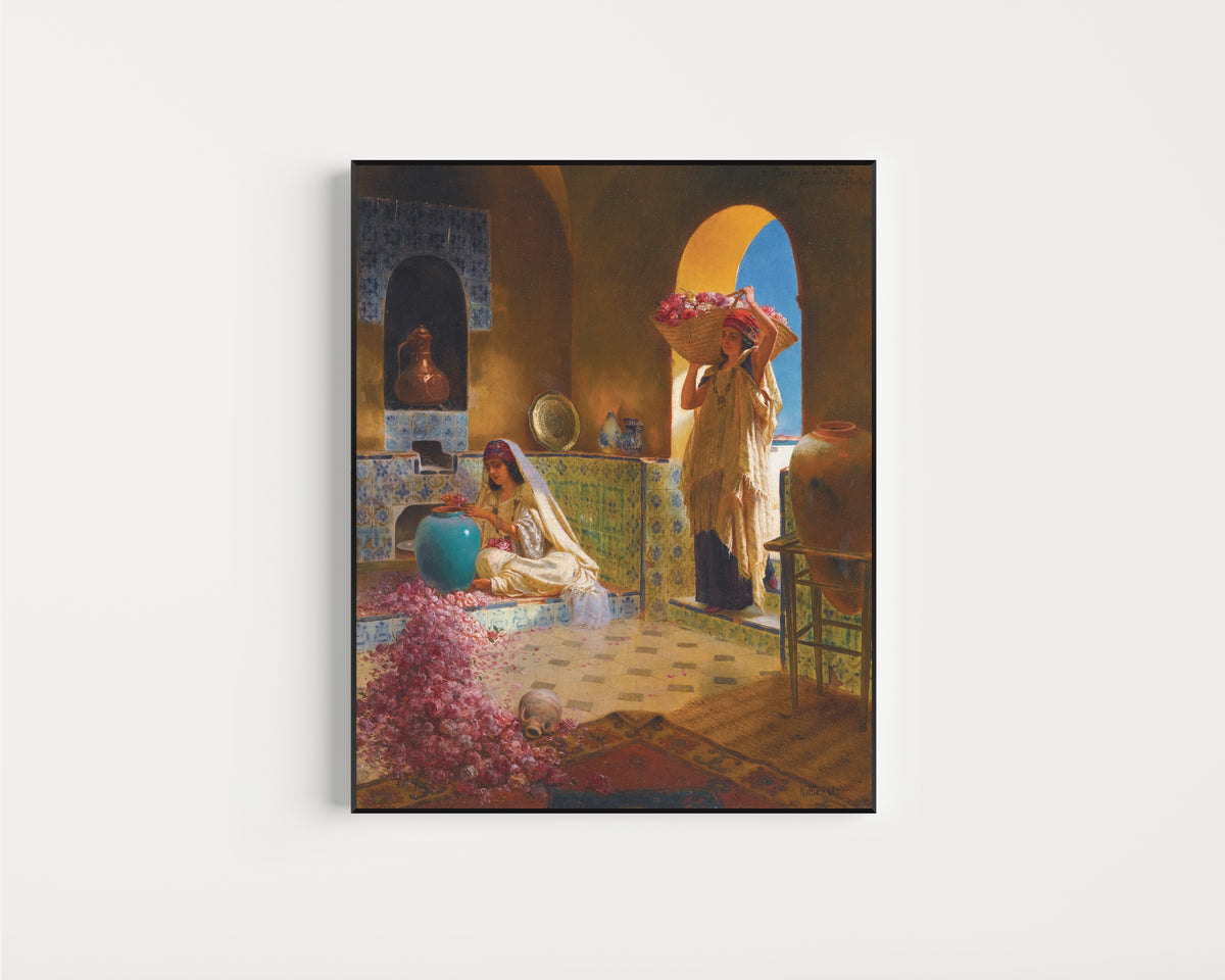 Framed art print of The Perfume Makers by Rudolf Ernst, in a slim black frame on a plain white wall