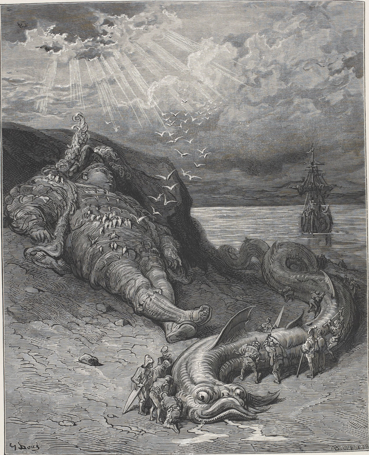 Gustave Doré — The Physeter Brought Ashore | Wood Engraving Print