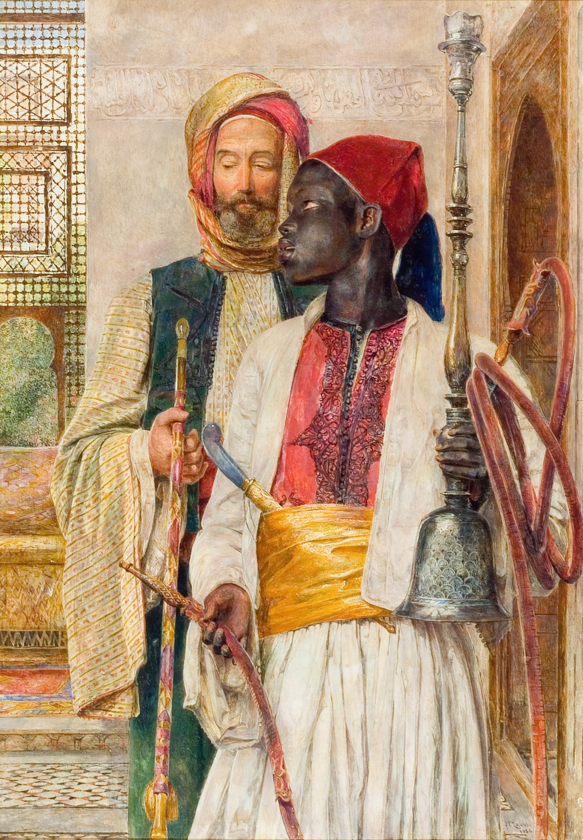 The Pipe Bearer by John Frederick Lewis — A young attendant in a red cap carries a tall silver water pipe