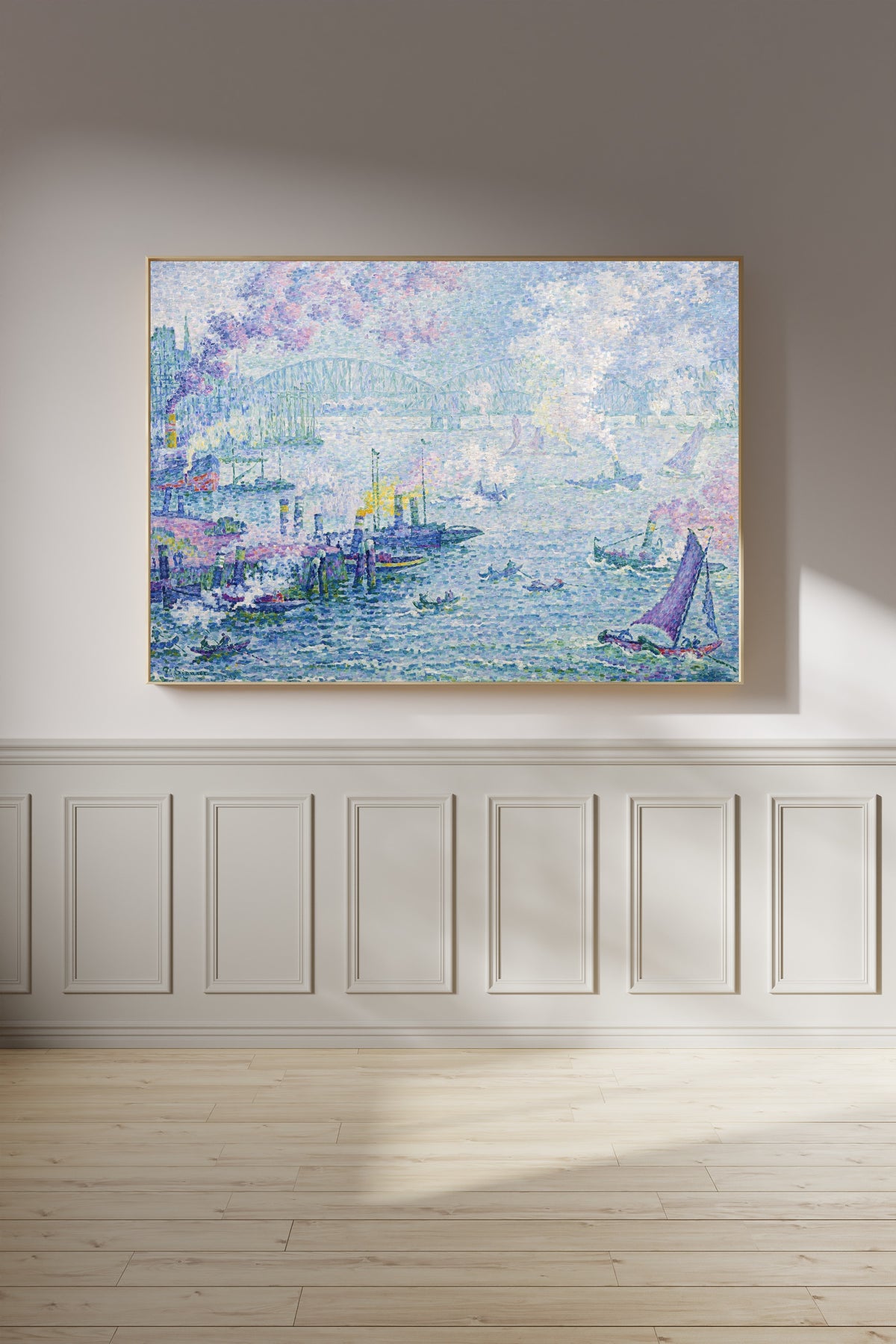 Framed art print of The Port of Rotterdam by Paul Signac, on a panelled wall in afternoon light