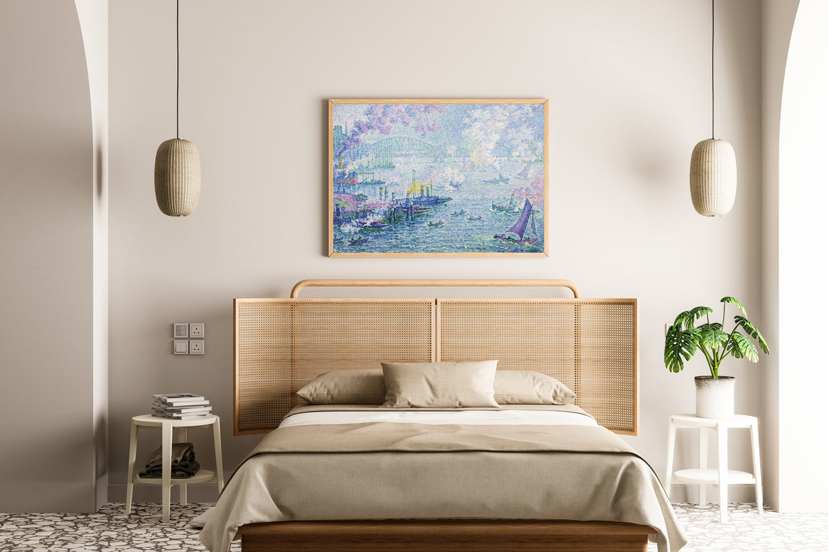 Framed art print of The Port of Rotterdam by Paul Signac, above a cane-headboard bed