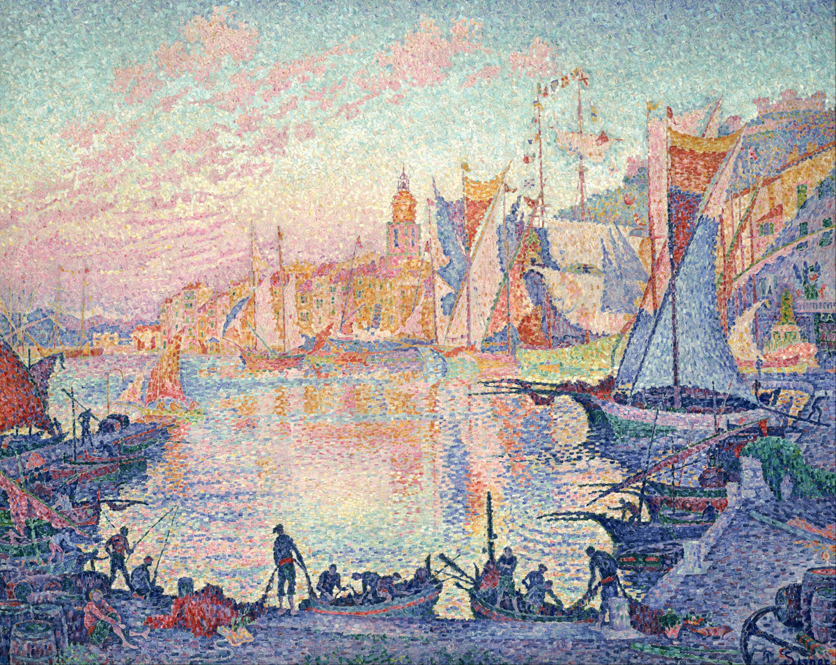 The Port of Saint-Tropez by Paul Signac — Fishermen below a pink-lit harbour crowded with tall sails