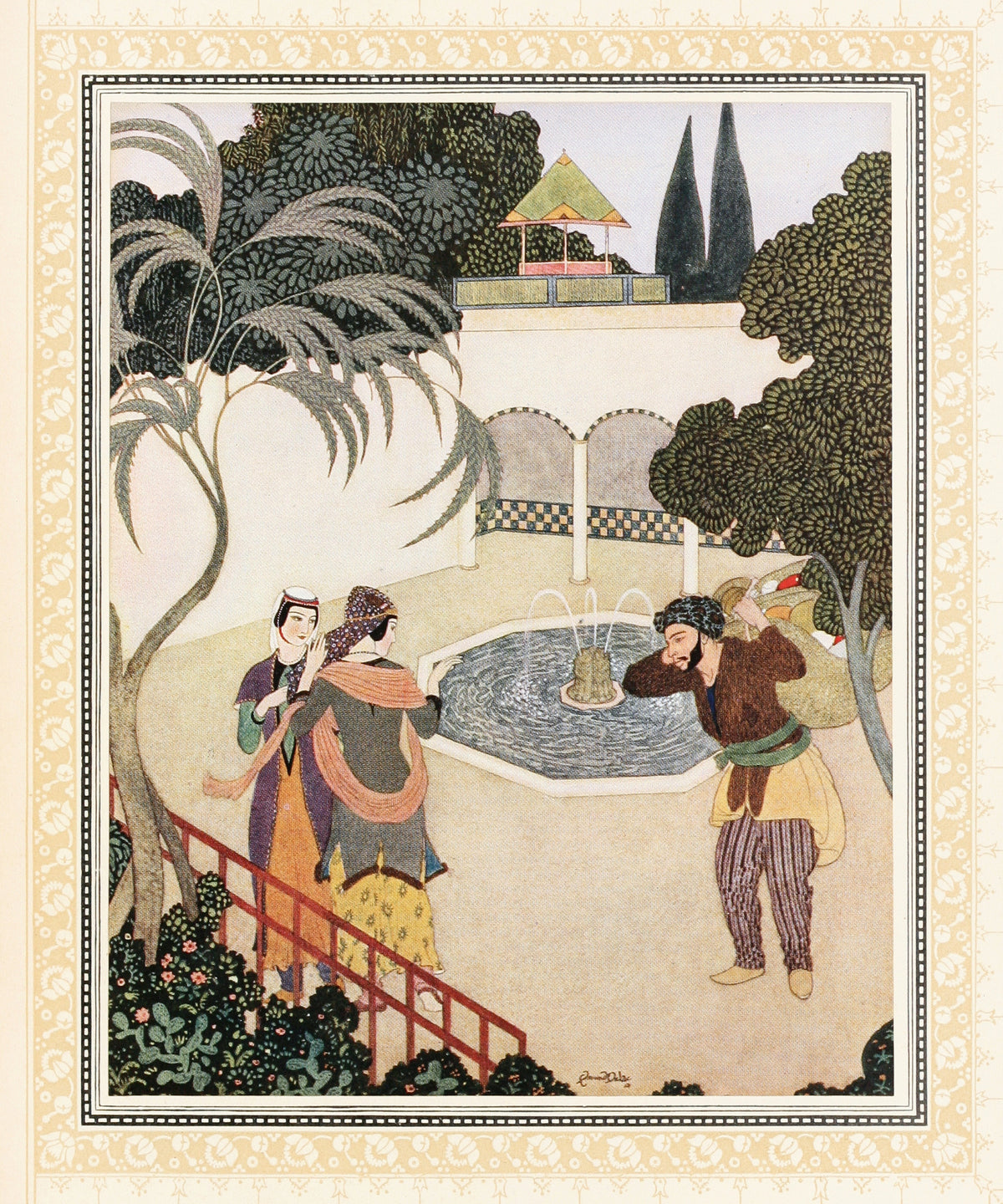 The Porter and the Ladies by Edmund Dulac — Two women and a bearded porter meet beside a garden fountain