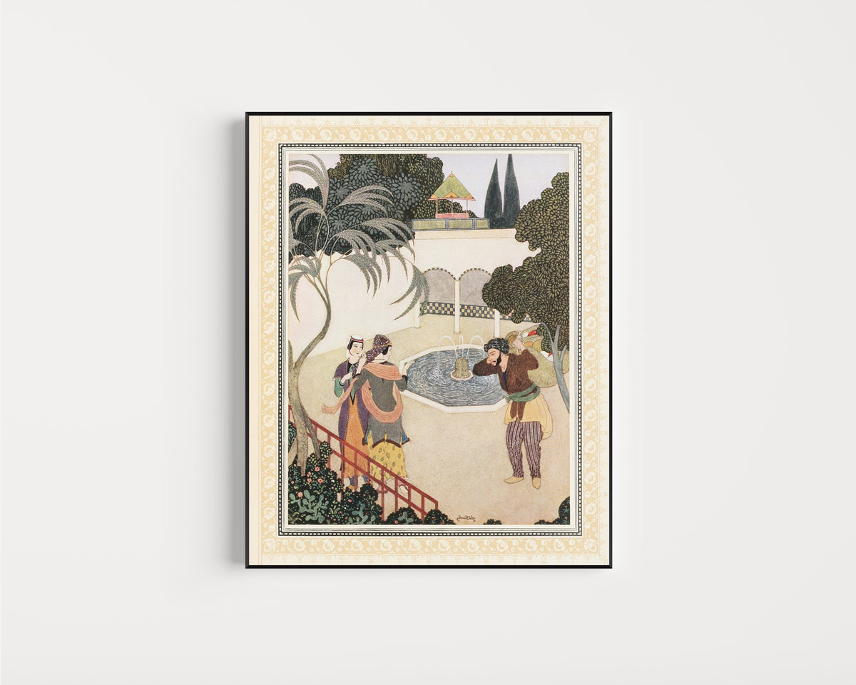 Framed art print of The Porter and the Ladies by Edmund Dulac, in a slim black frame on a plain white wall
