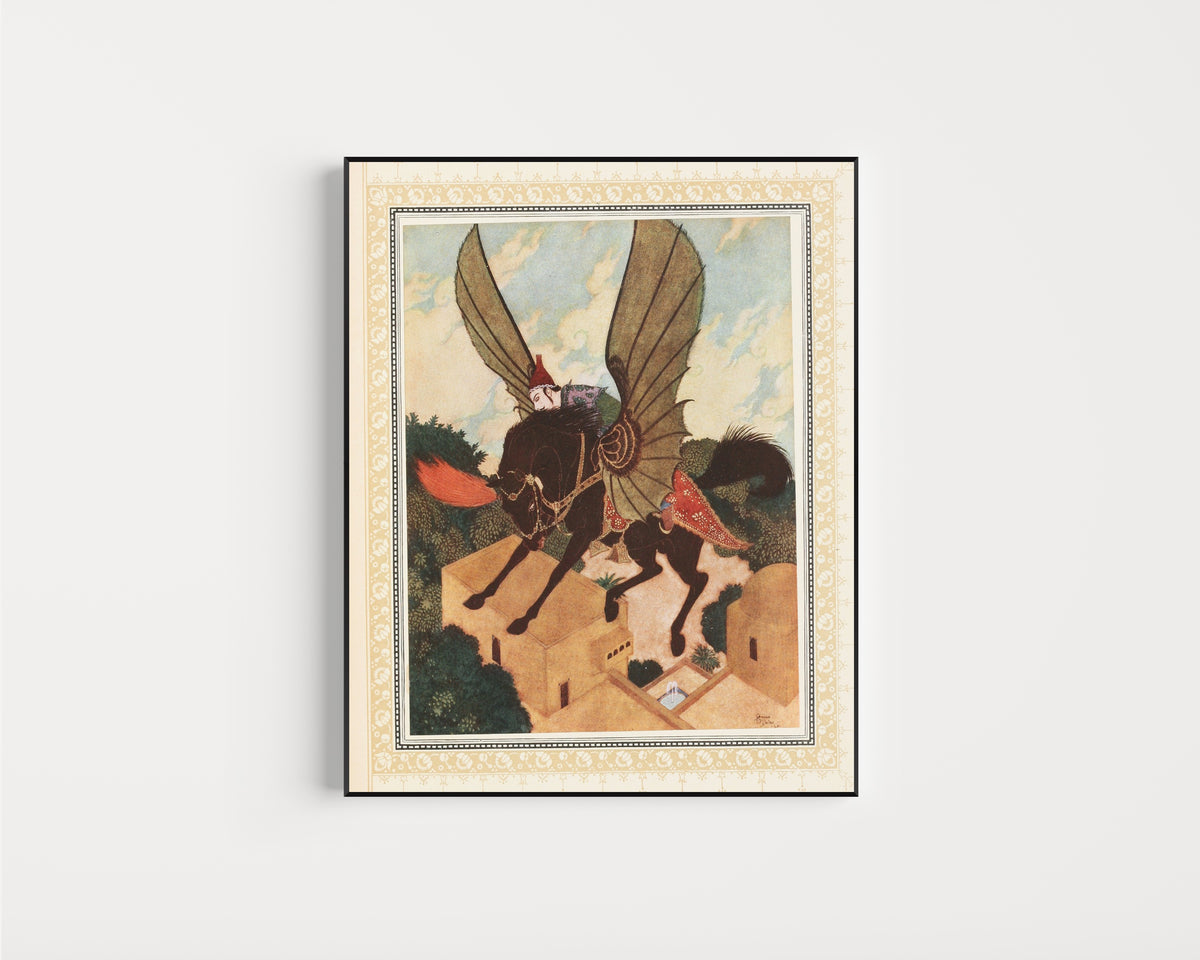 Framed art print of The Prince is taken back to the Golden Palace by the Magic Black Horse by Edmund Dulac, in a slim black frame on a plain white wall