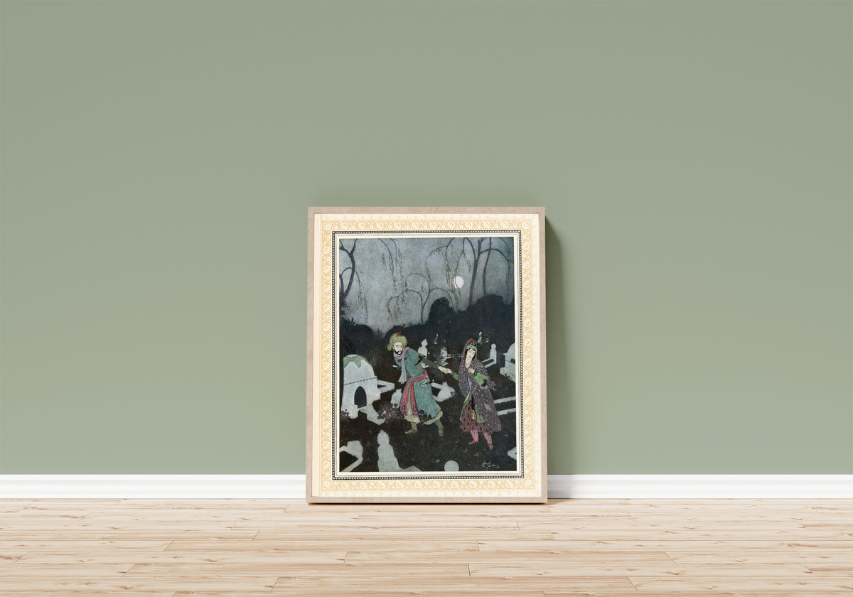 Framed art print of The Prince leads the Lady to the Tomb by Edmund Dulac, in a light wood frame leaning on a sage green wall above a wooden floor