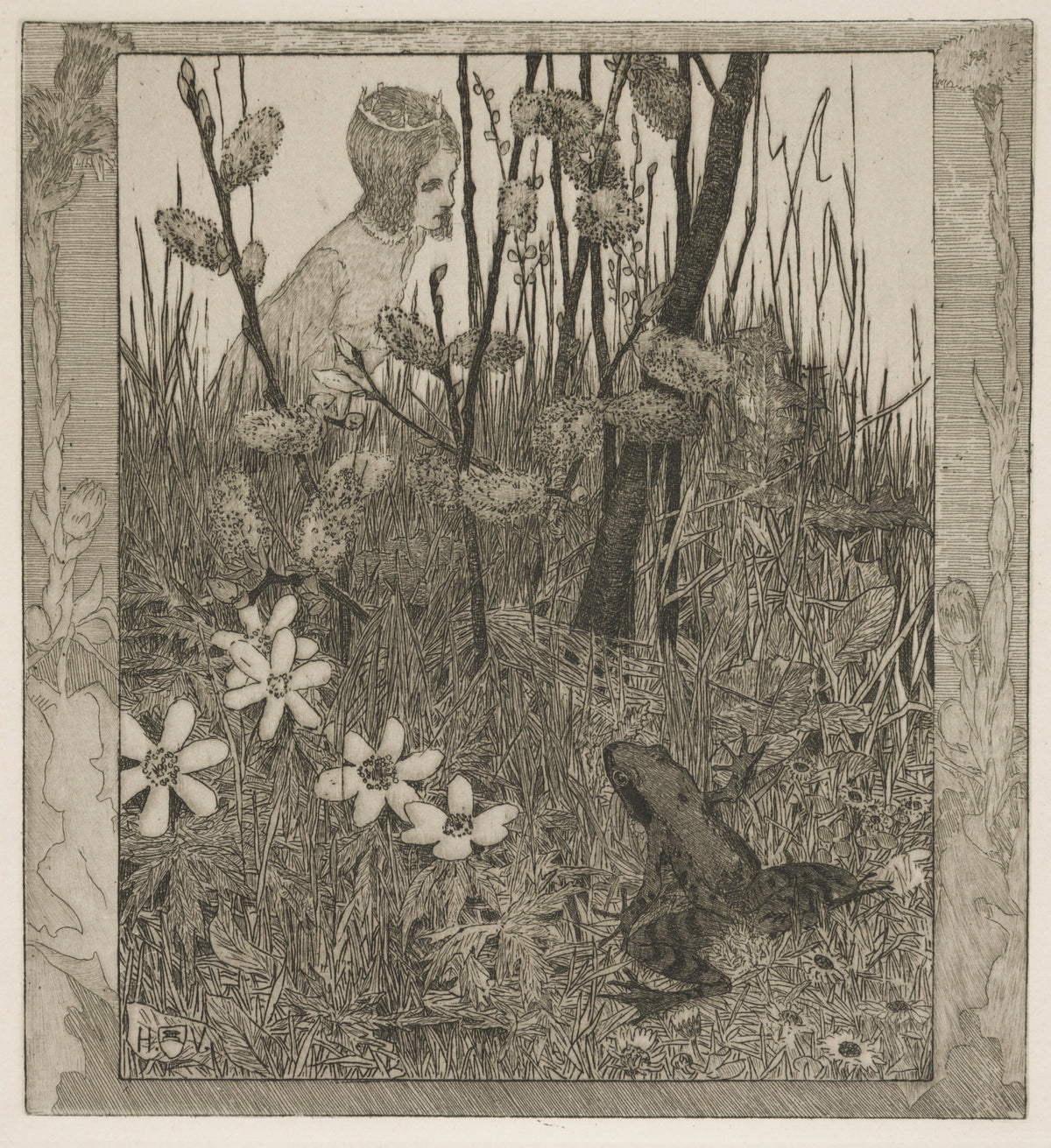 The Princess and the Frog by Heinrich Vogeler — A crowned girl in tall grass watches a frog among anemones