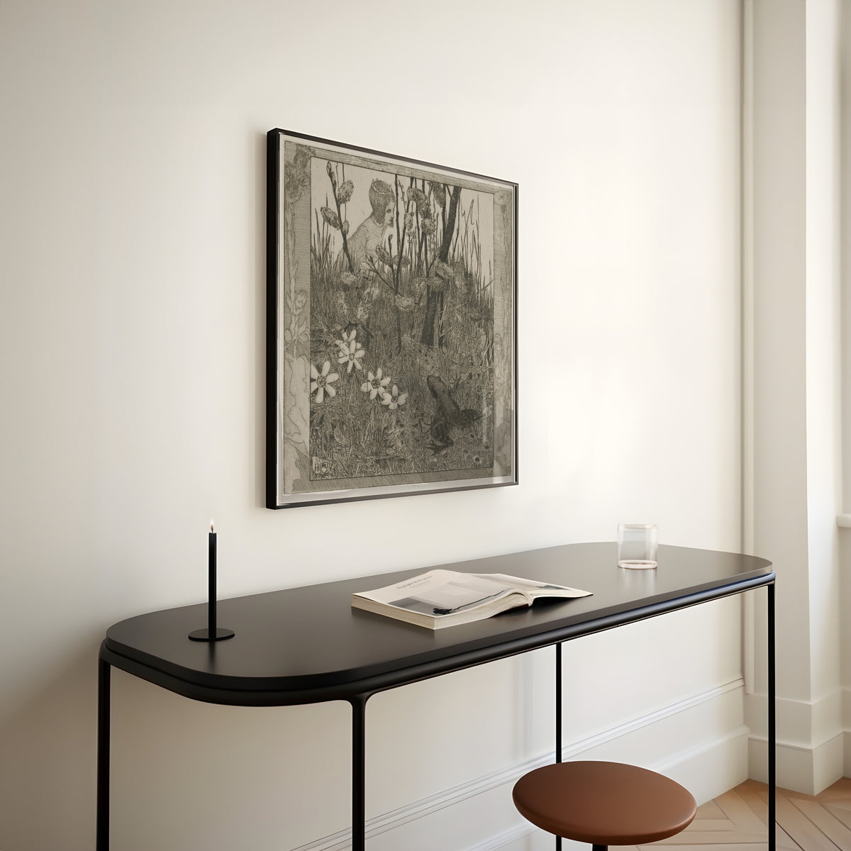 Framed art print of The Princess and the Frog by Heinrich Vogeler, above a slim black console table