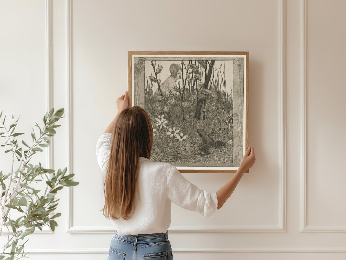 Framed art print of The Princess and the Frog by Heinrich Vogeler, hung on a panelled wall