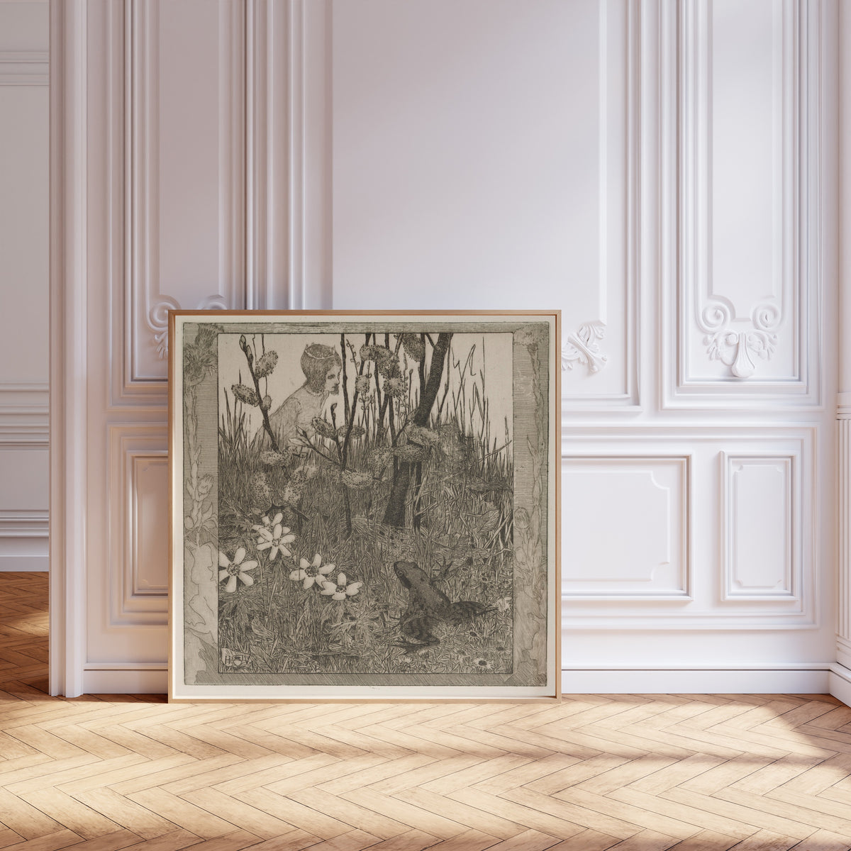 Framed art print of The Princess and the Frog by Heinrich Vogeler, leaning against pale pink panelling on a herringbone floor