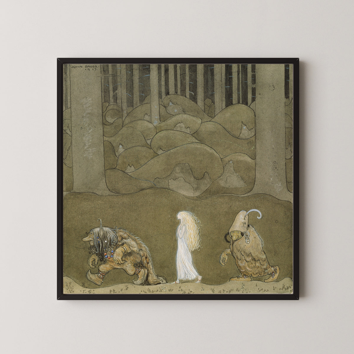 Framed art print of The Princess and the Trolls by John Bauer, in a black frame on a pale wall