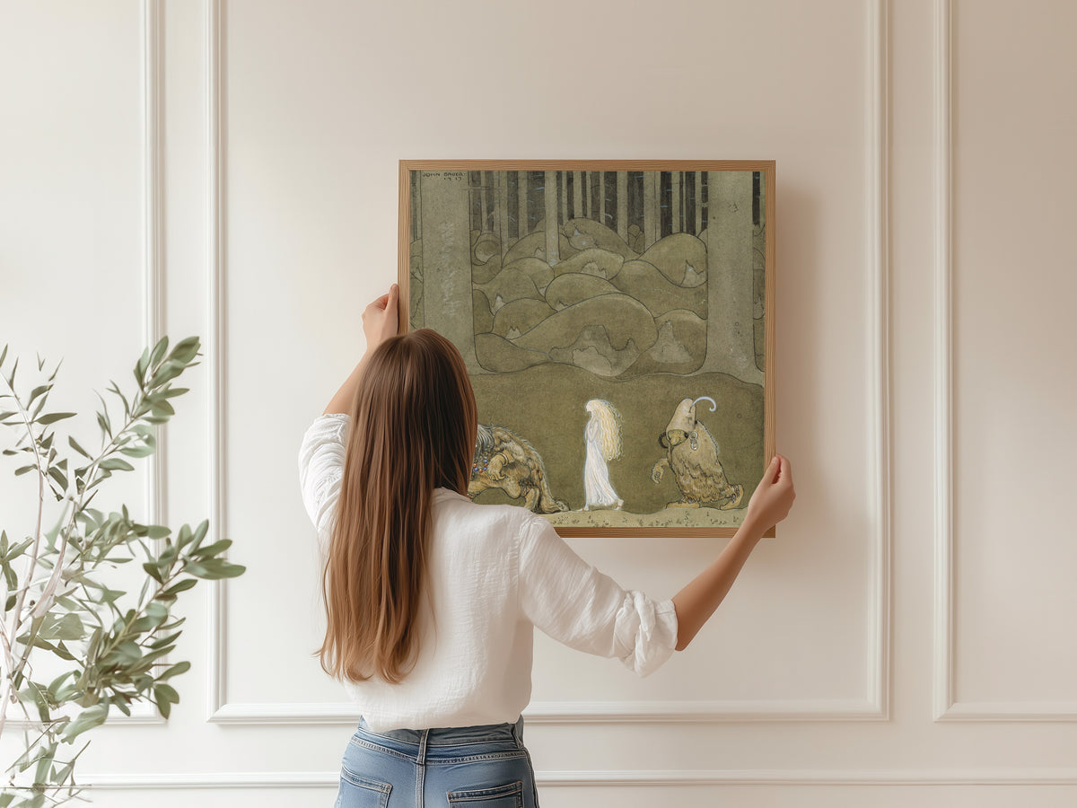 Framed art print of The Princess and the Trolls by John Bauer, hung on a panelled wall