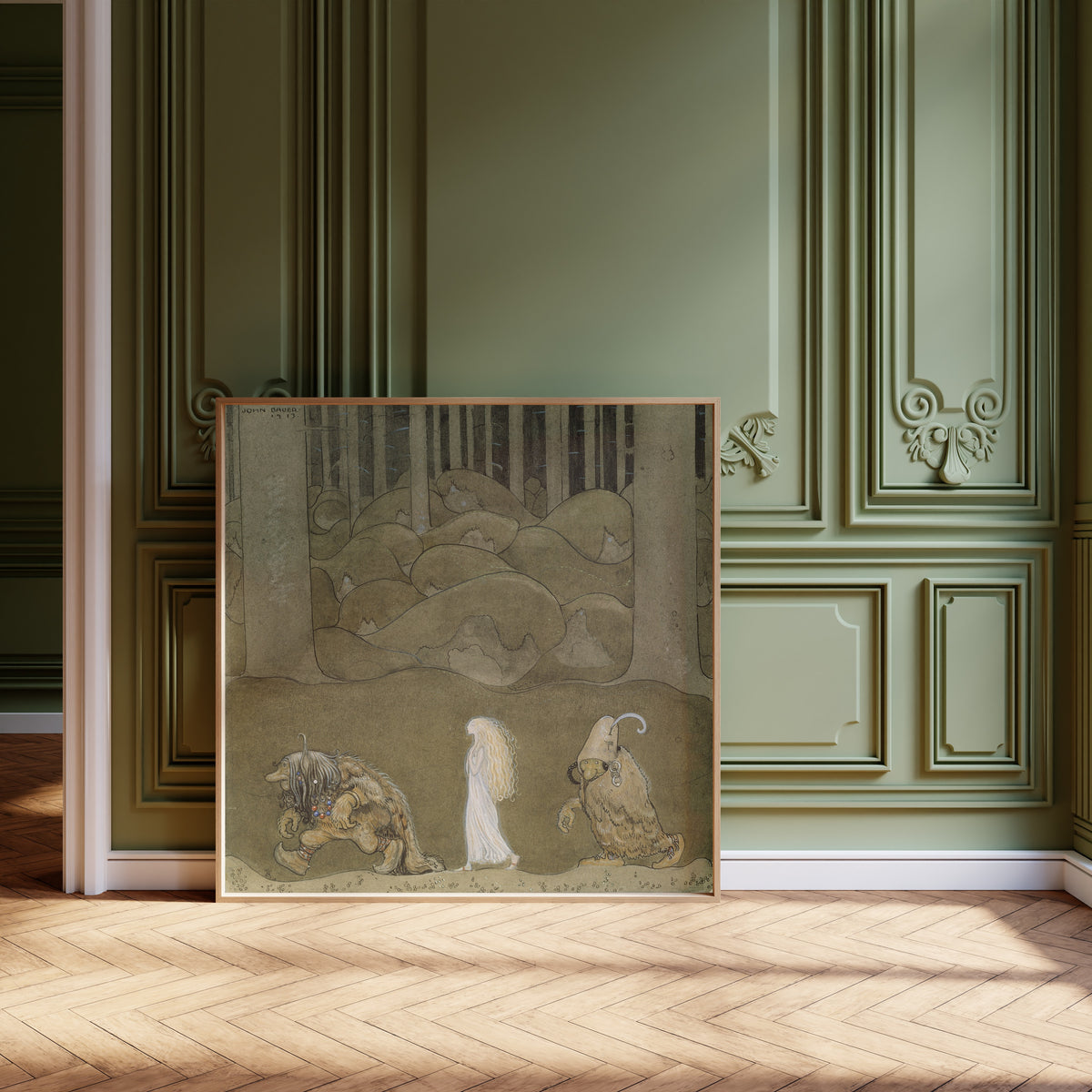 Framed art print of The Princess and the Trolls by John Bauer, leaning against olive-green panelling on a herringbone floor