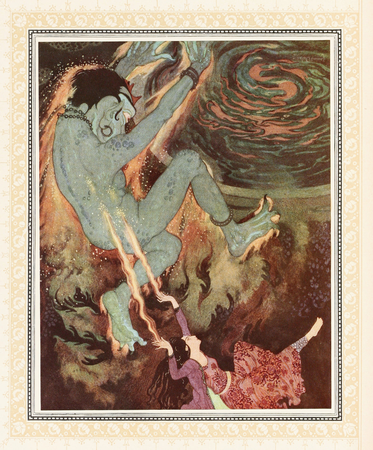 The Princess burns the Efrite to death by Edmund Dulac — A blue-green genie plunges through flames toward a reaching woman