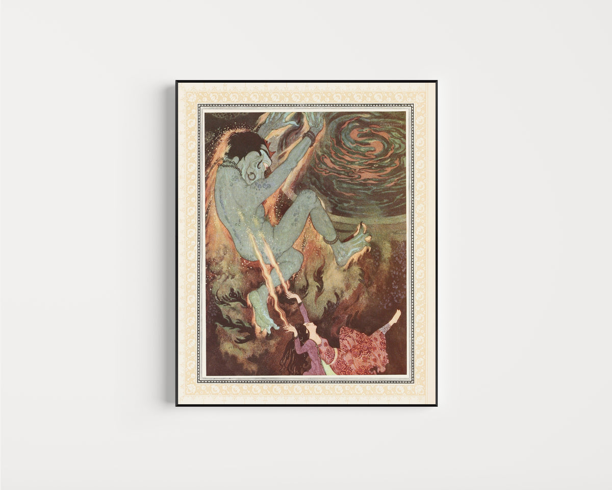 Framed art print of The Princess burns the Efrite to death by Edmund Dulac, in a slim black frame on a plain white wall