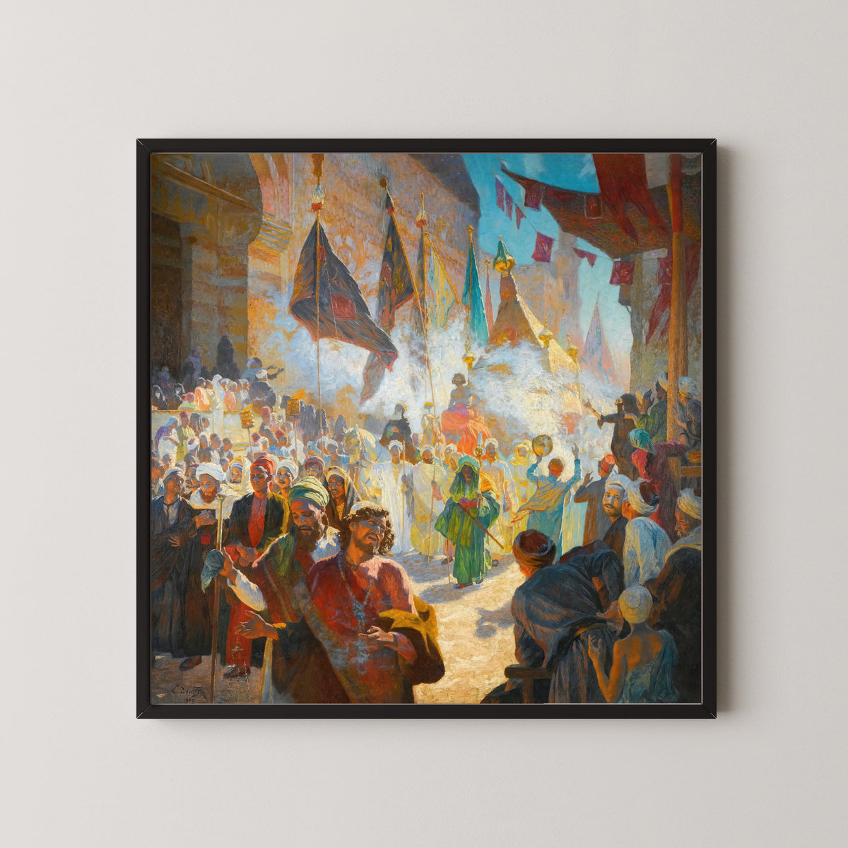 Framed art print of The Procession of the Mahmal through the Streets of Cairo by Ludwig Deutsch, in a black frame on a pale wall