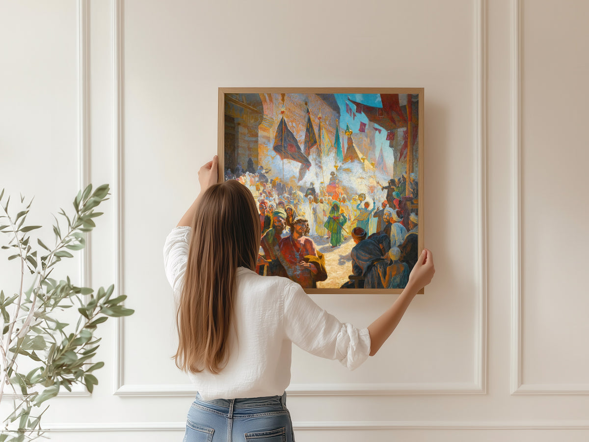 Framed art print of The Procession of the Mahmal through the Streets of Cairo by Ludwig Deutsch, hung on a panelled wall