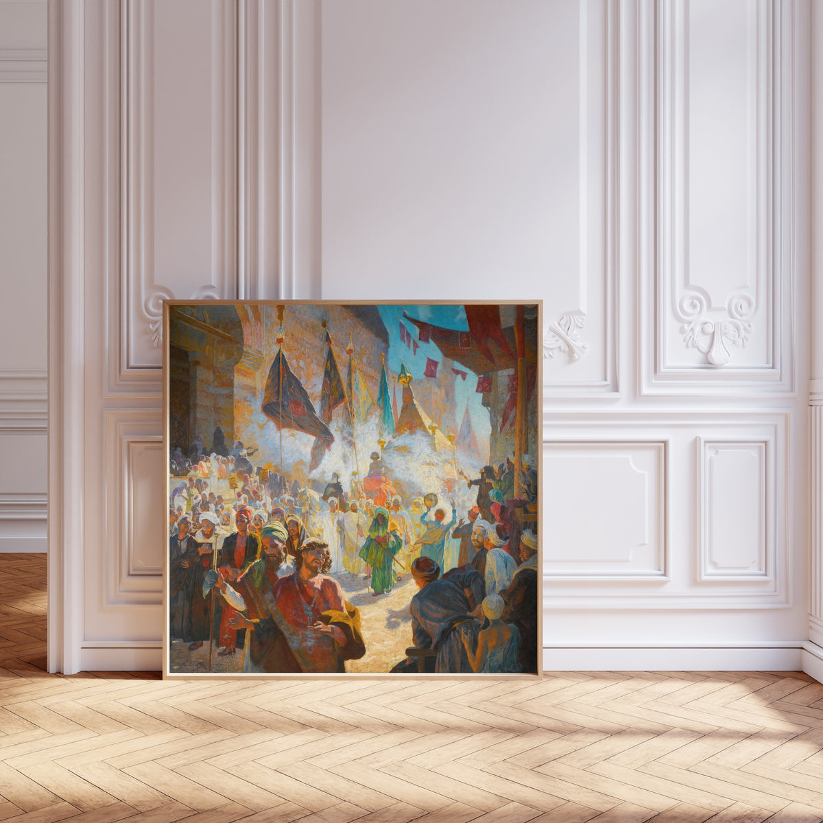 Framed art print of The Procession of the Mahmal through the Streets of Cairo by Ludwig Deutsch, leaning against pale pink panelling on a herringbone floor