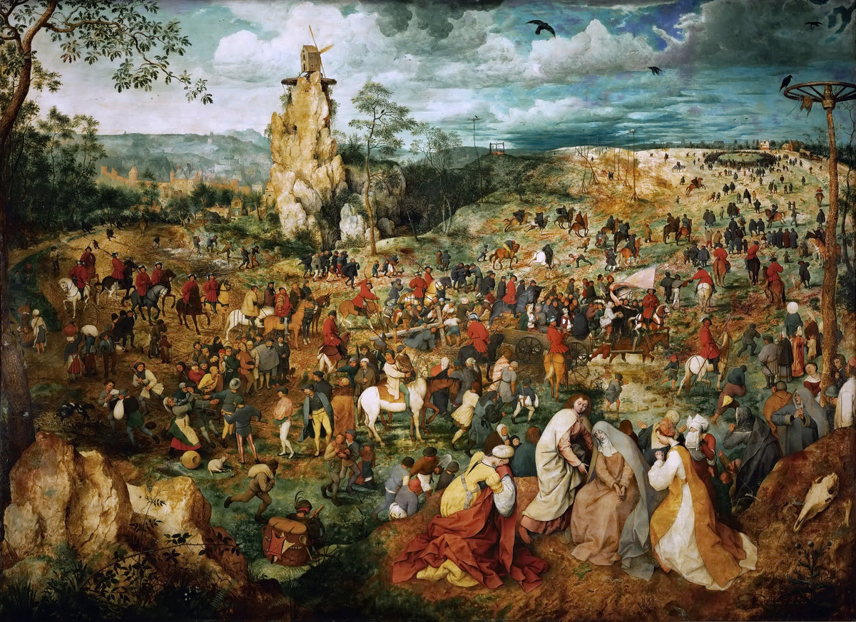 The Procession to Calvary by Pieter Bruegel the Elder — A great crowd winds across a stormy hillside toward Calvary