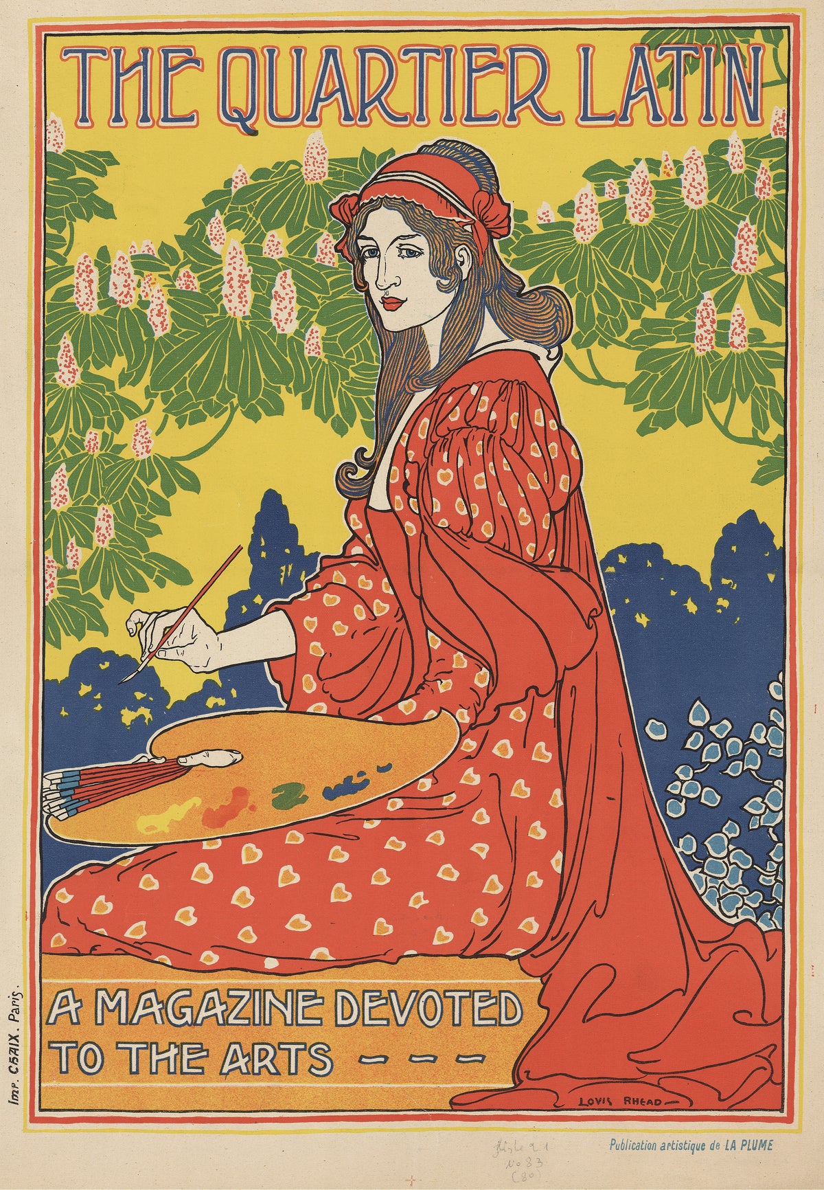 The Quartier Latin, A Magazine Devoted to the Arts by Louis Rhead — A painter in a red heart-spotted gown holds a brush and palette
