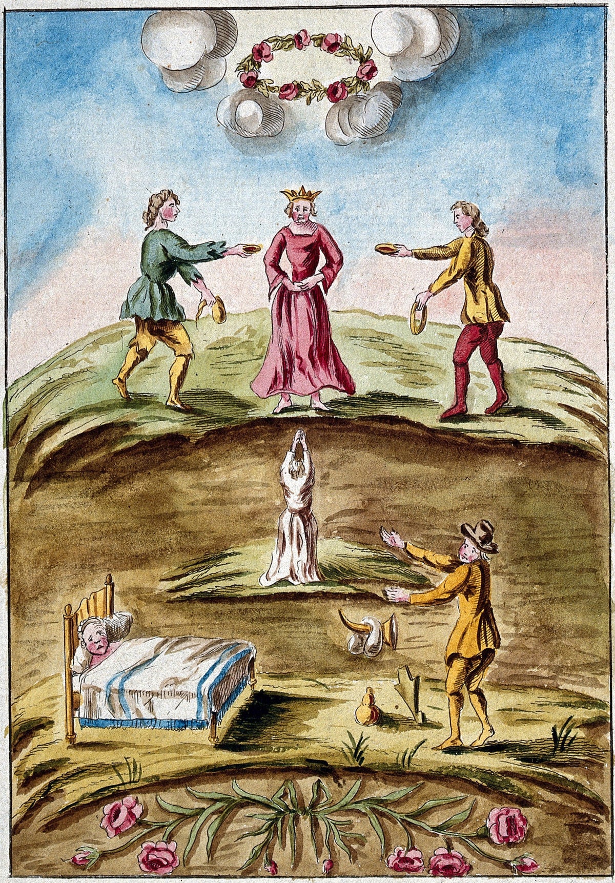 The Queen Presented with Dishes of Blood by After Nicolas Flamel — A crowned queen flanked by men offering dishes, a sickbed below