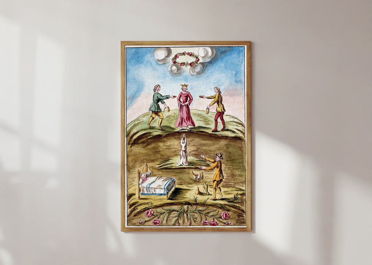 Framed art print of The Queen Presented with Dishes of Blood by After Nicolas Flamel, in a light wood frame on a sunlit white wall