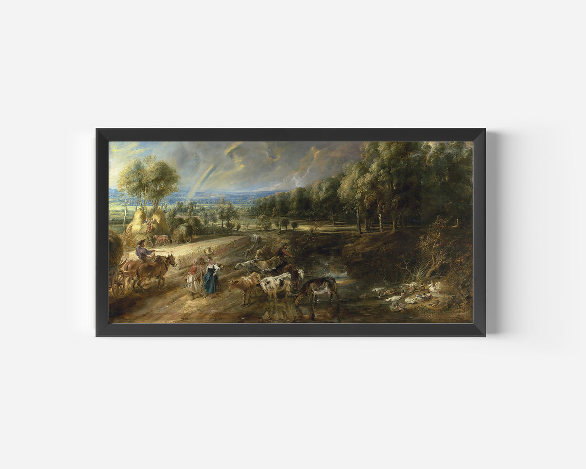 Framed art print of The Rainbow Landscape by Peter Paul Rubens, in a wide black frame on a plain white wall