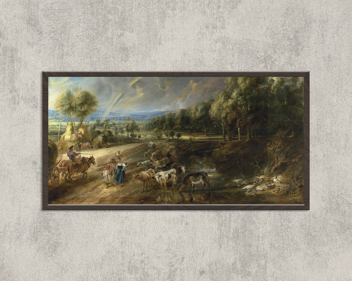 Framed art print of The Rainbow Landscape by Peter Paul Rubens, in a wide black frame on a concrete wall