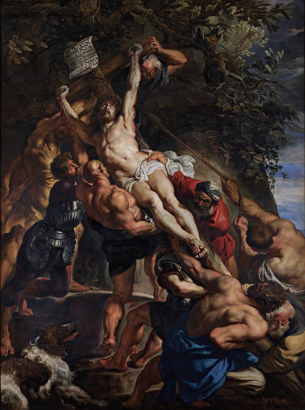 The Raising of the Cross (Central Panel) by Peter Paul Rubens — Straining men heave a cross upright on a rocky slope under a tree