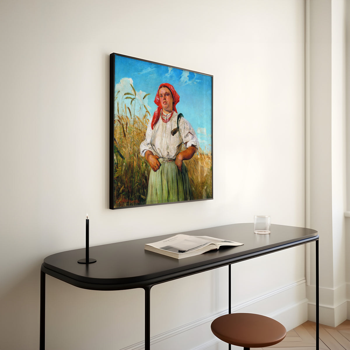 Framed art print of The Reaper by Jacek Malczewski, above a slim black console table