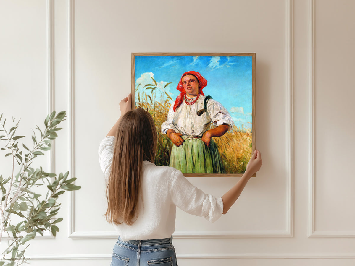 Framed art print of The Reaper by Jacek Malczewski, hung on a panelled wall
