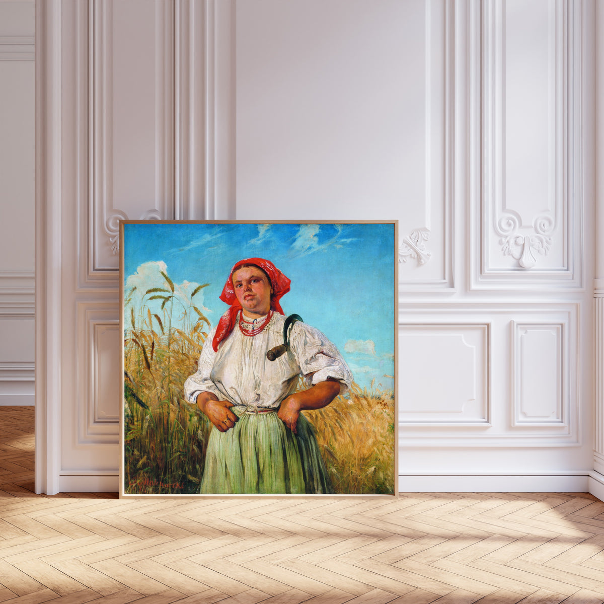 Framed art print of The Reaper by Jacek Malczewski, leaning against pale pink panelling on a herringbone floor