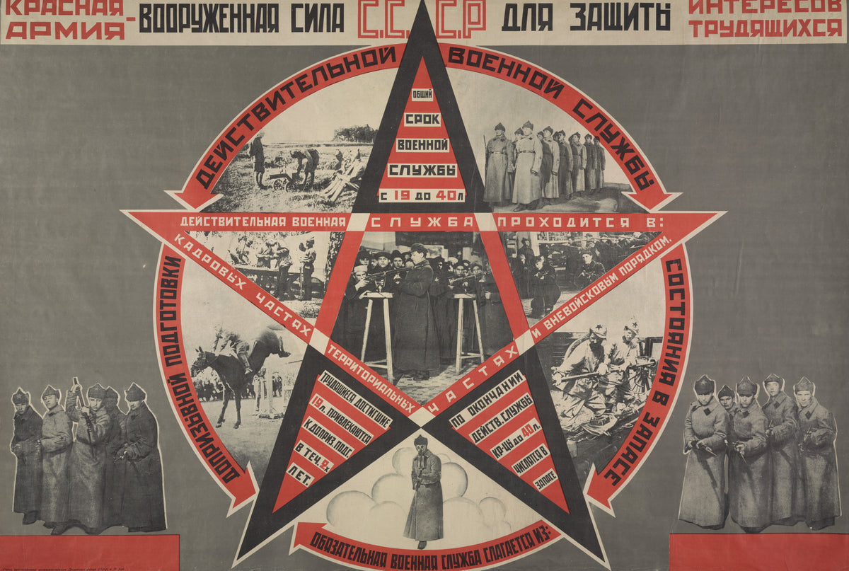 The Red Army: the armed force of the USSR for the defence of the interests of the working people — A red and black star ringed by photographs of drilling