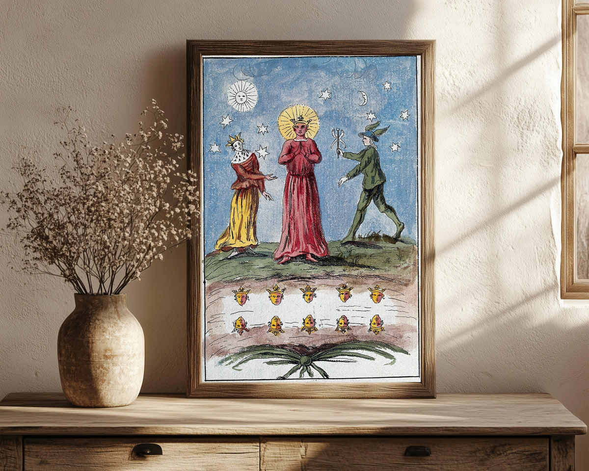 Framed art print of The Red King, the Queen and Mercury by After Nicolas Flamel, in a dark wood frame leaning on a rustic console beside dried flowers